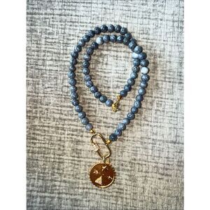 Gold Coin Pendant Necklace with Gray Beads